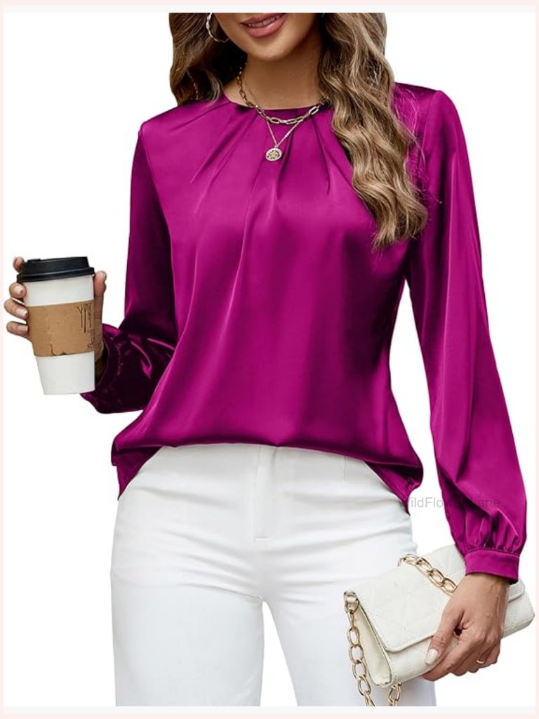 Satin Silk Pleated Long Sleeve Blouse Business Casual Work Top